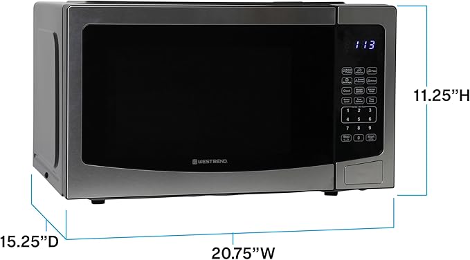 West Bend Microwave Oven 1000-Watts Compact with 6 Pre-Set Cooking Settings, Time and Weight Defrost, Electronic Control Panel and Glass Turntable, 1.1 Cu.Ft., Stainless Steel