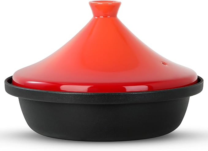 Moroccan Tagine for Cooking: Enameled Cast Iron Cooking Pot, Slow Cooker, Classic Kitchen Cookware, Tajine with Ceramic Cone-Shaped Closed Lid, 3.3 QT, Orange