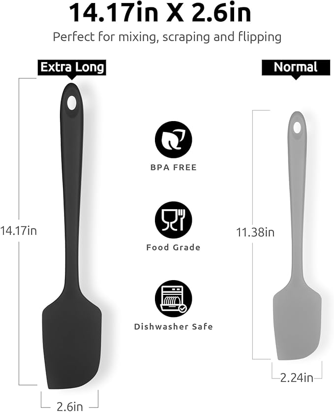 14in Extra Long Silicone Spatula: U-Taste 480ºF Heat Resistant Flexible Baking Mixer Scraper, Large Rubber Mixing Stirring Scraping Seamless Kitchen Turner Utensil for Nonstick Cookware (Black)