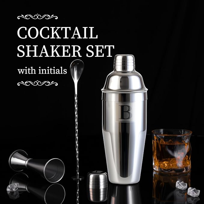 24oz Cocktail Shaker Set with 1 oz 2oz Jigger - Monogramm Initials Martini Shaker Set - 304 Stainless Steel Bar Shaker for Margarita,Mojito-Personalized Gift for Friend,Husband-X