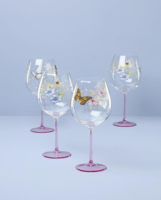 Lenox Glassware, Butterfly Meadow Pink Balloon Wine Glasses, Set of 4, Service For 4, Made From Glass, Dishwasher Safe, Drinking Glasses, Home And Kitchen, Glass Cups (Pink, 4 Pieces, 26 oz Capacity)