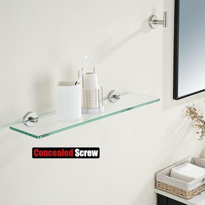 JQK Bathroom Glass Shelf, Tempered Glass Shower Storage 20 by 5 inches, 304 Stainless Steel Brushed Finish Wall Mount, 2 Pack, TGS101L20-BN-P2