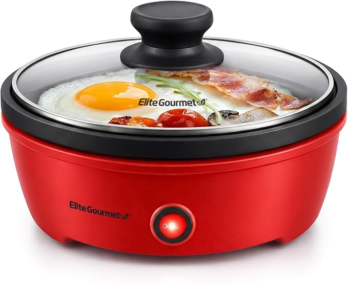 Elite Gourmet EGL-6101 Personal Stir Fry Griddle Pan, Rapid Heat Up, 650 Watts Non-stick Electric Skillet with Tempered Glass Lid, Red