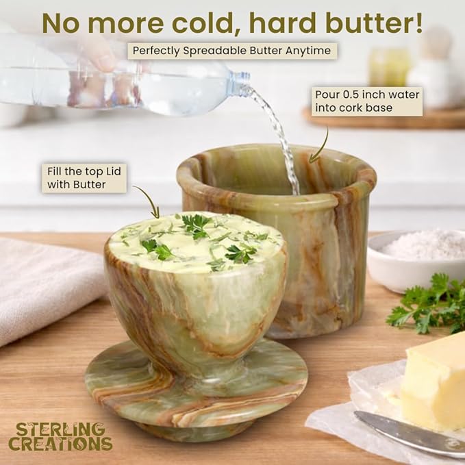 Handcrafted Round Marble Butter Keeper | Elegant Onyx Green French Butter Dish | Ideal Kitchen Storage for Soft Butter | Classic Breakfast Companion (Regular Size) (Marble)