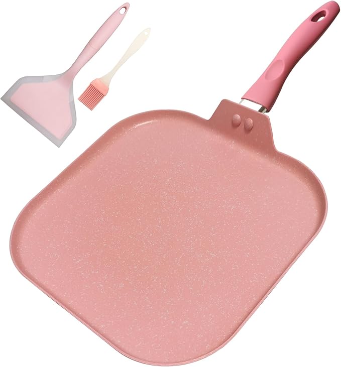 Square Griddle Pan for Stove Top Nonstick, Flat Pan with Spatula & Brush, 11"X 11" Pink