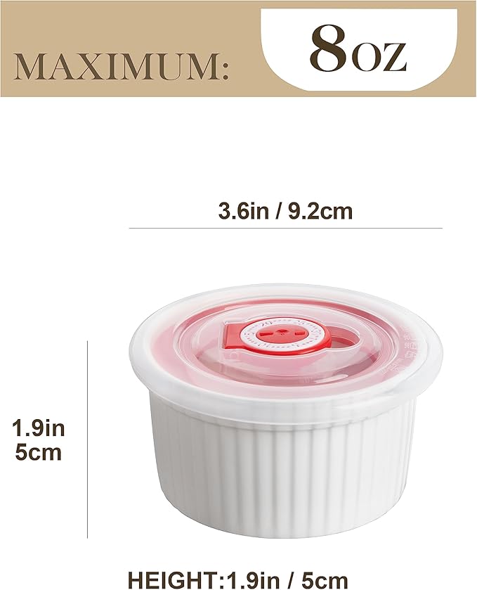 MALACASA Ramekins with Lids 8 oz - Set of 6, White Porcelain Creme Brulee Souffle Ramekins with Covers, Ceramic Custard Cups for Baking, Dishwasher and Oven Safe, Series RAMEKIN-DISH