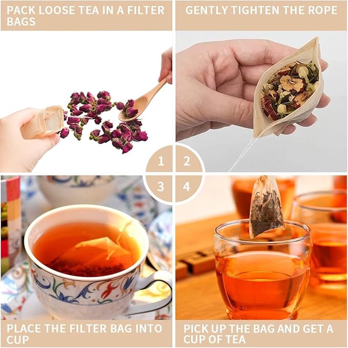 Tea Filter Bags with Free Tea Spoon, Safe & Natural Material, Disposable Tea Infuser for Loose Leaf Tea, Coffee, Spice, Herbs (200 PCS)