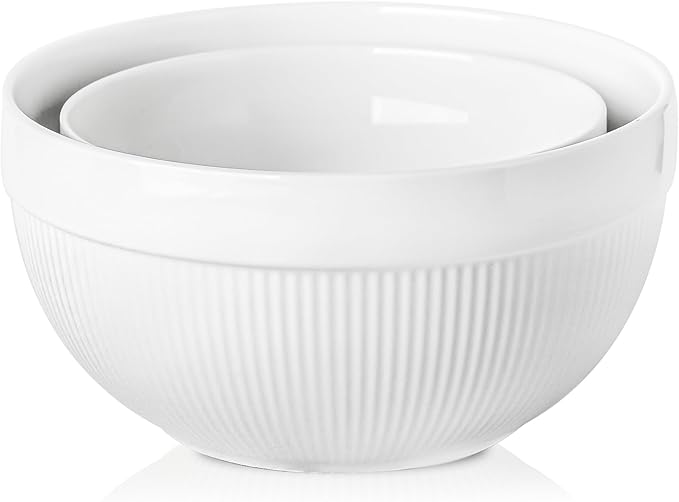 Ceramic Large Mixing Bowls for Kitchen, Set of 2 Big Serving Bowls for Cooking, Popcorn, Salad, Soup, Baking, Dough Bread Making Bowl, 10 inch + 8 inch, White