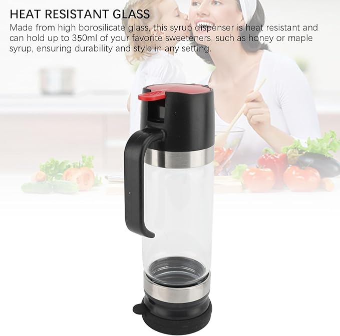 Honey Dispenser No Drip, 350ml Glass Syrup Dispenser for Coffee or Tea, Honey Jar with Handle, Removable Top and Bottom Cover, No Drip Pouring Honey Container Jar (Black)