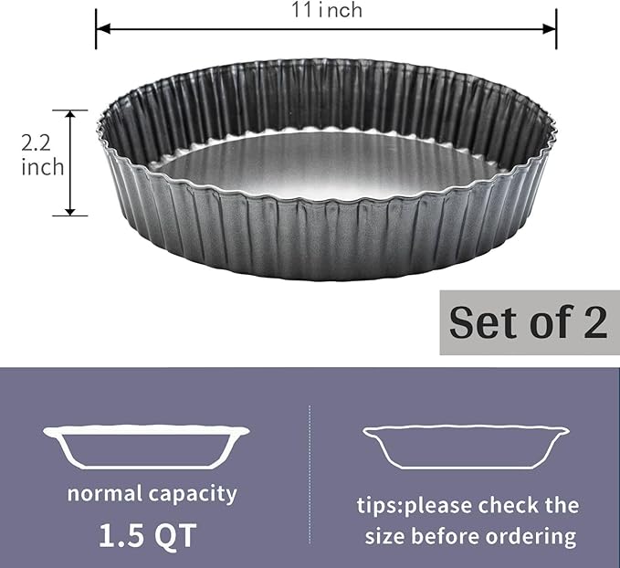 11 x 2 Inches Deep Dish Tart Pan Set of 2, Nonstick Tall Tart Quiche Pan, Carbon Steel Deep-dish Pie Pan with Removable Loose Bottom for Baking Thanksgiving Christmas