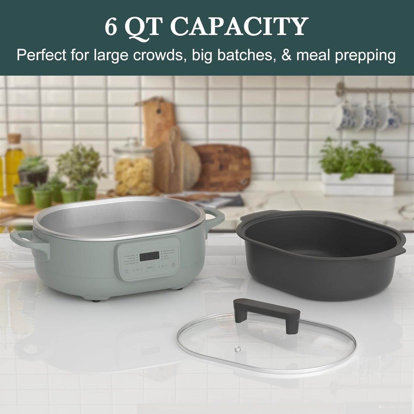 6 Quart Slow Cooker, with 8-in-1 Multi-Cooker, Casserole Programmable crock pot, Dutch Oven, Pasta, Nonstick, Oven Safe Pot to 500°F, Olive