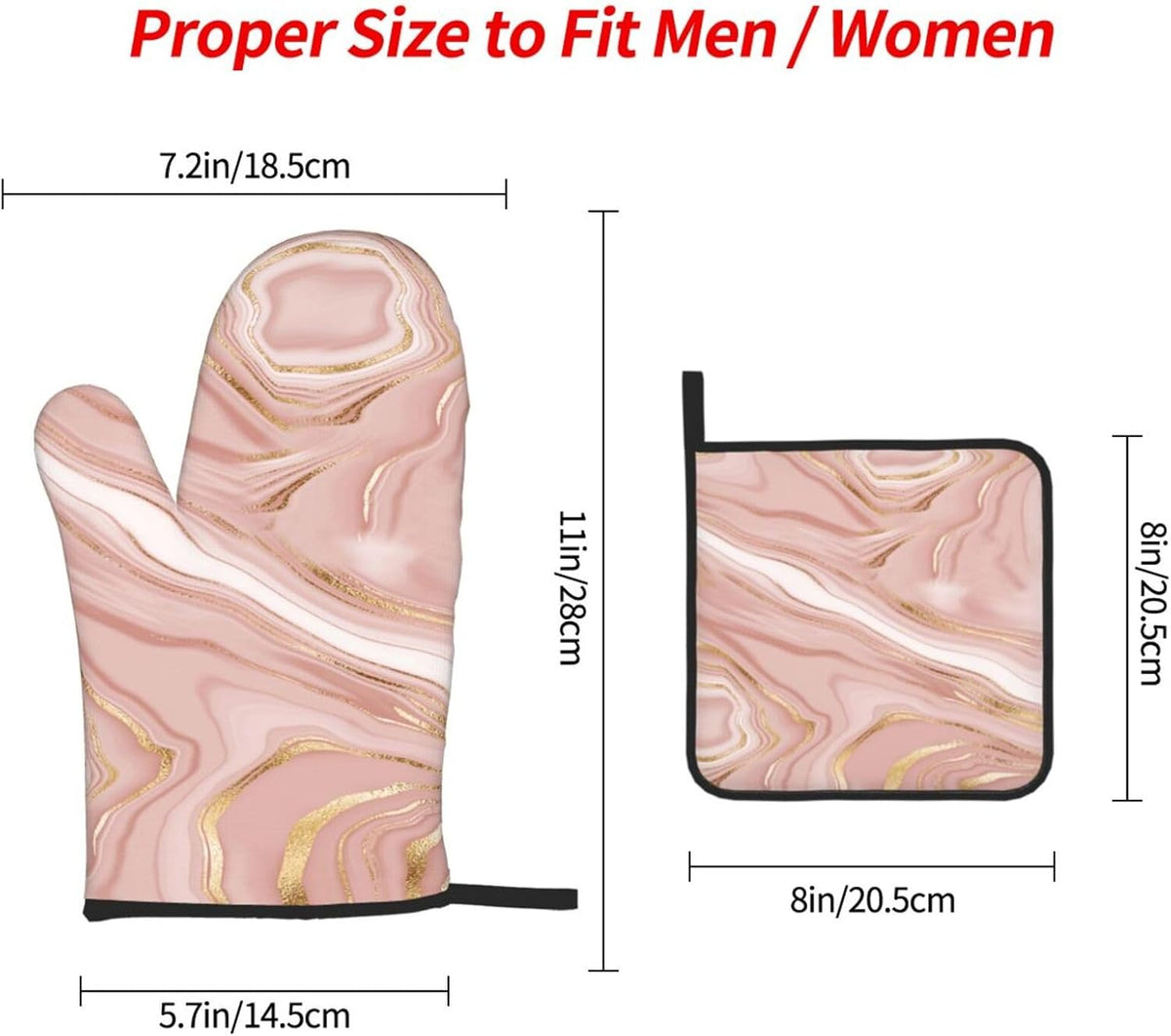 Pink Golden Marble Oven Mitts and Pot Holders Sets of 3 Heat Resistant Hot Pads Rose Pink Modern Oven Gloves for Kitchen Cooking BBQ Baking