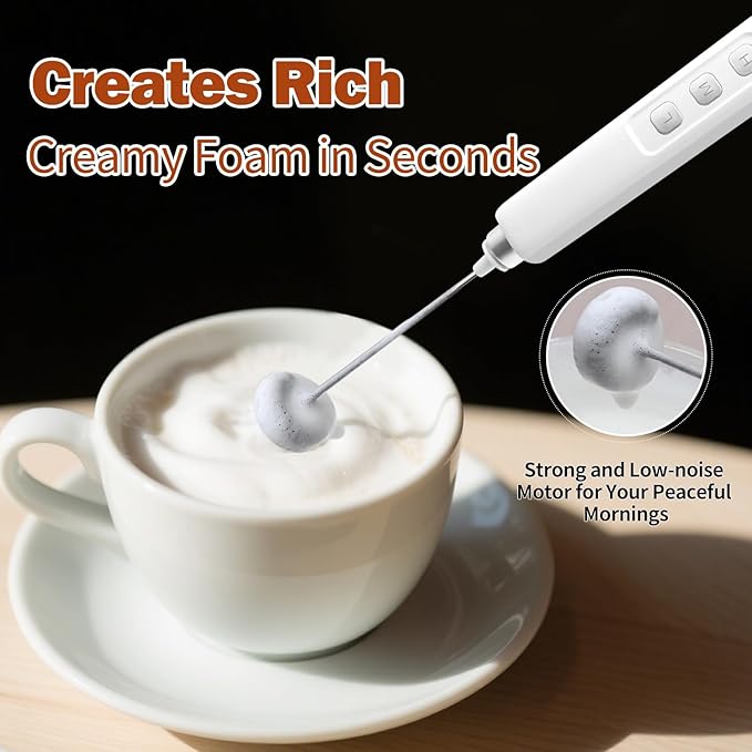 Rechargeable Milk Frother Handheld with 3 Detachable Stainless Whisks, 3 Speed Adjustable Drink Mixer, Mini Frother Wand for Coffee, Matcha, Protein Shakes, with Charging Base and Whisk Storage