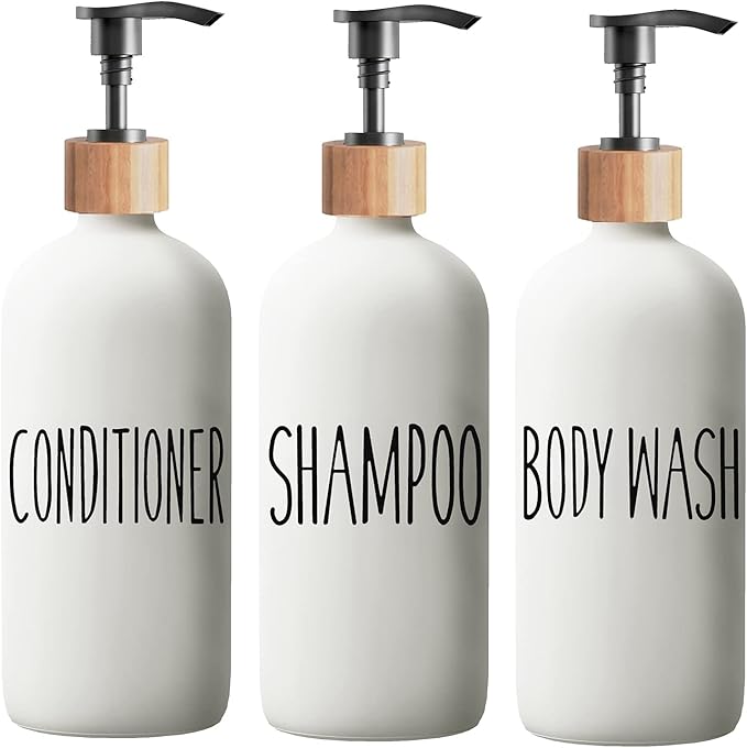 Shampoo and Conditioner Dispenser Set - Easy to Read Labels - Pump Bottle Dispenser for Shampoo, Conditioner, Body Wash - Glass Refillable Containers for Shower