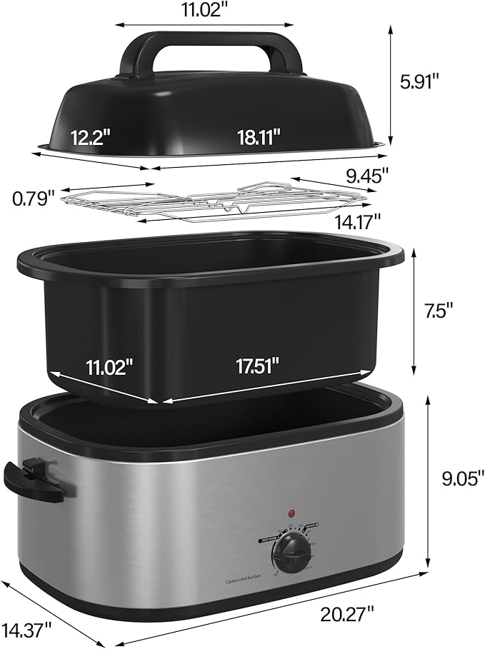 RoyalCraft 22-Quart Electric Roaster Oven with Visible Self-Basting Lid, Turkey Roaster Oven with Removable Pan and Rack, Perfect for Large Meals and Holiday Feasts, Silver