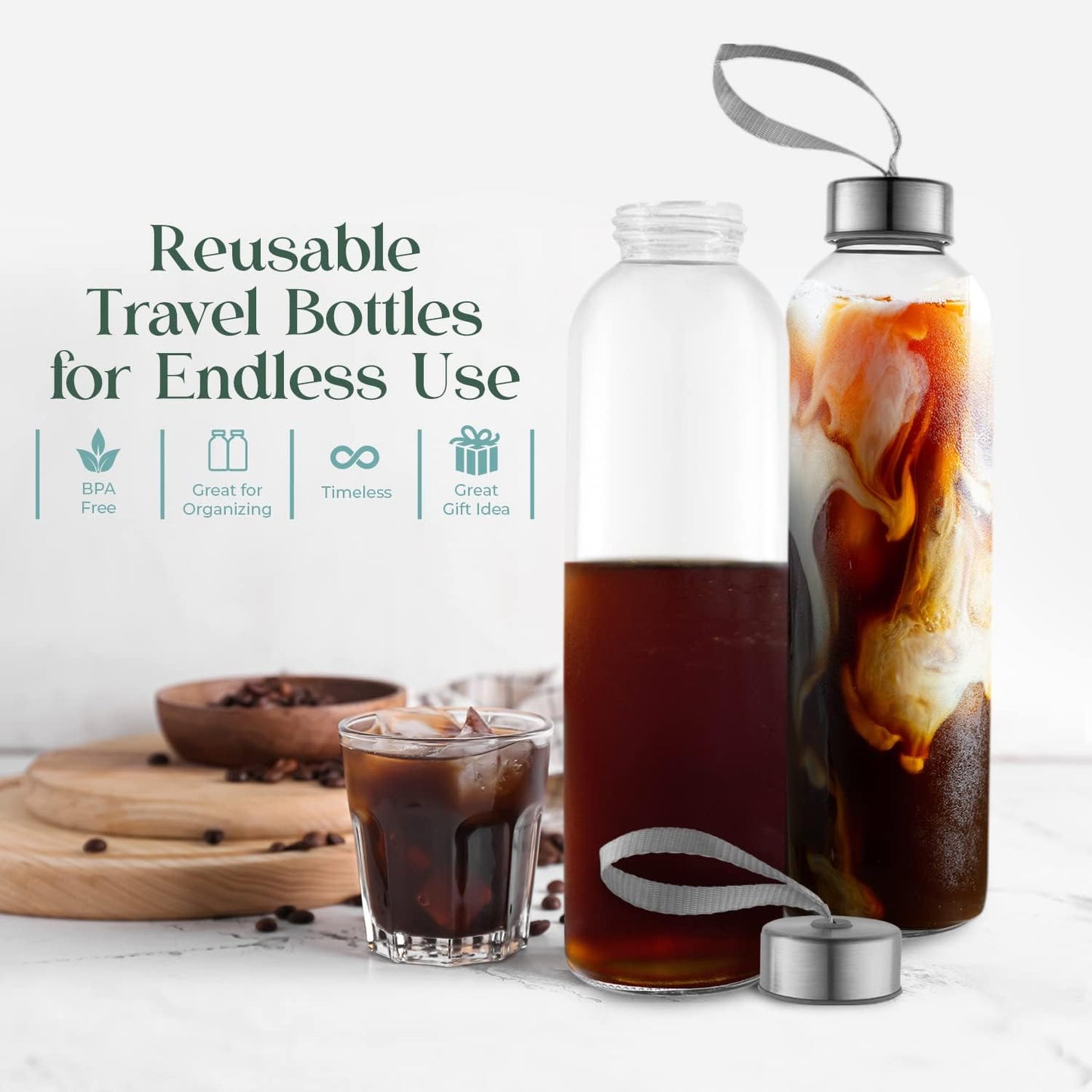 32 oz Glass Water Bottle Set of 12 - Glass Water Bottles Caps & Sleeve, Reusable Glass Bottle Lids, Clear Glass Bottles, Refillable Glass Juice Bottles for Juicing, Juicer Bottles