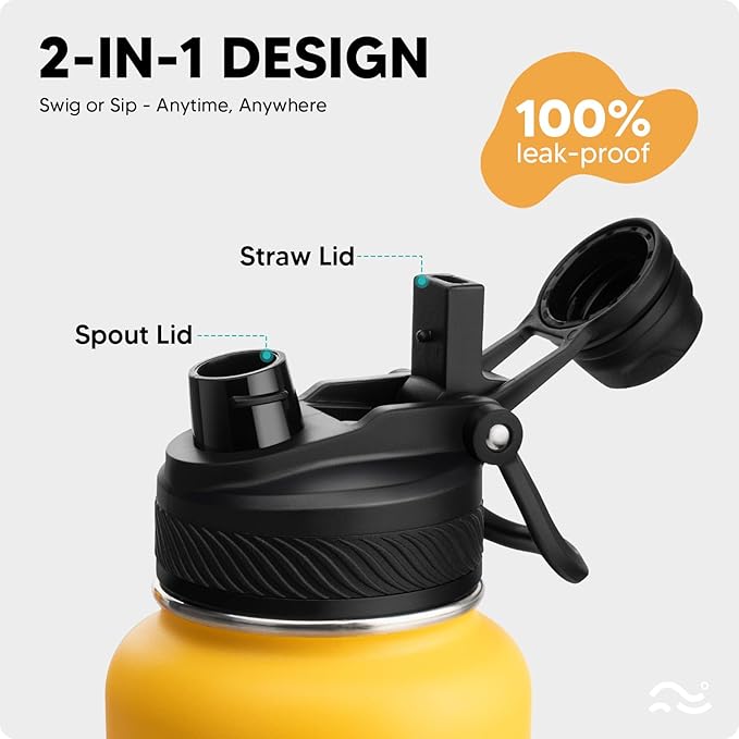 Swigina [2-IN-1 LID] Insulated Water Bottle with Silicone Boot (36hrs Cold/18hrs Hot) - DIY Stickers, Leakproof, BPA Free, 32 oz