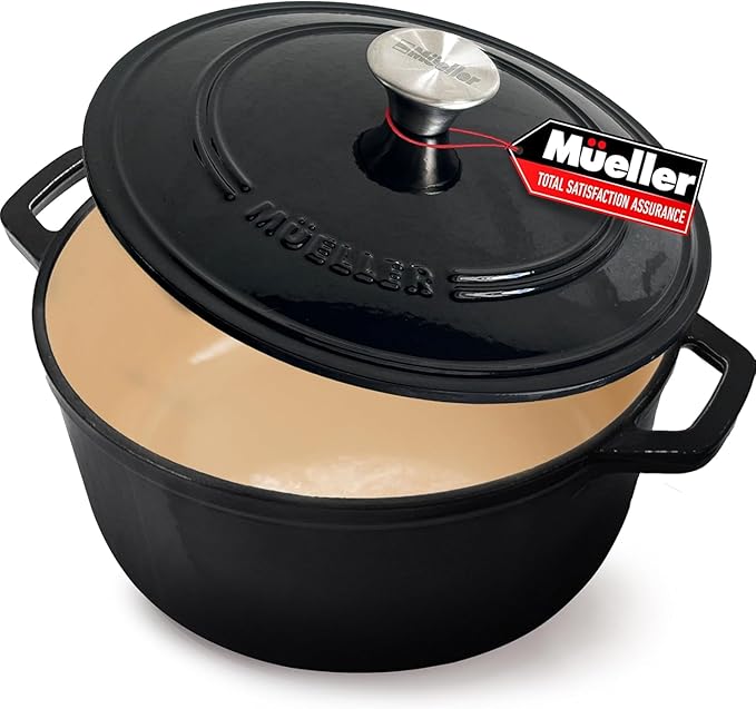 MUELLER HOME 4.5 QT Enameled Cast Iron Dutch Oven, Heavy-Duty Casserole Dish and Braiser Pan with Lid and Stainless Knob, Oven-Safe up to 500° F & Across All Cooktops, Black