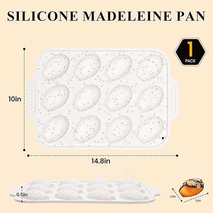 Vinino Silicone Madeleine Pan with Metal Reinforced Frame, 12-Cavity Shell Shape Madeleine Mold with Non-Slip Handle, Nonstick Madeleine Cookie Trays for Oven, BPA Free, Dishwasher Safe- Cream