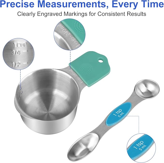 Magnetic Measuring Cups & Spoons Set, Strong N45 Magnets, Heavy Duty Stainless Steel Fits in Spice Jars for Baking & Cooking, BPA Free, Round Set of 15 with Leveler, Light Colorful