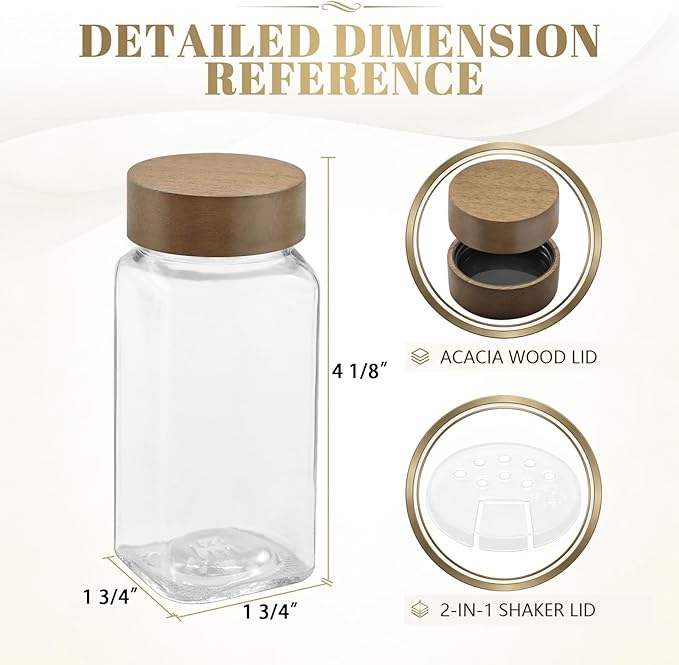 ZEHIQ 12Pcs 4oz Square Glass Spice Jars with Moisture-Proof Acacia Wood Lids, Food-Grade Seasoning Containers with Shaker Lids, 268 Labels, Markers, Funnel & Brush for Pantry Cabinet Drawer Storage