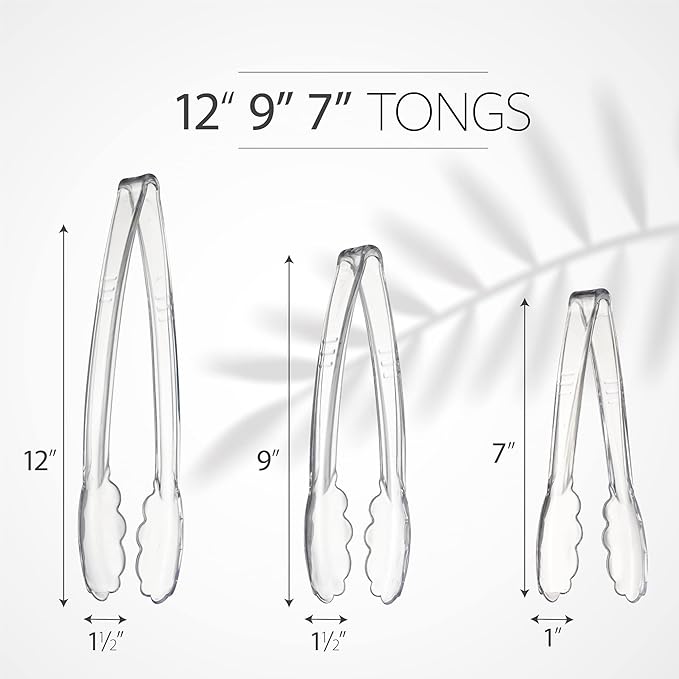 PlasticPro Clear Serving Tongs Combo Set - 4 Each of 7.5'', 9'', 12'' Heavy Duty Reusable Kitchen and BBQ Tongs for Parties, Caterings, Events, Buffet, Weddings - Pack of 12