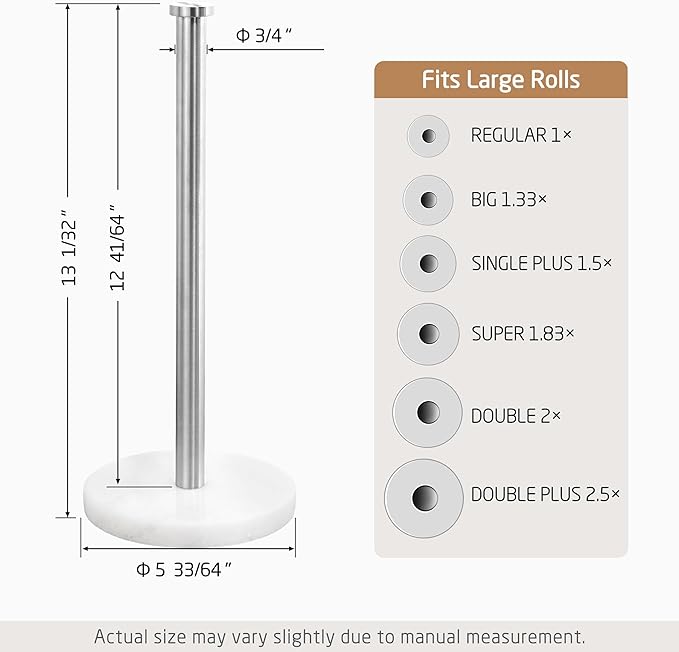 KES Paper Towel Holder Countertop, Paper Towel Roll Holder Stand for Kitchen with Natural Marble Base SUS304 Stainless Steel for Standard or Jumbo Rolls Brushed Finish, KPH100S14B-2