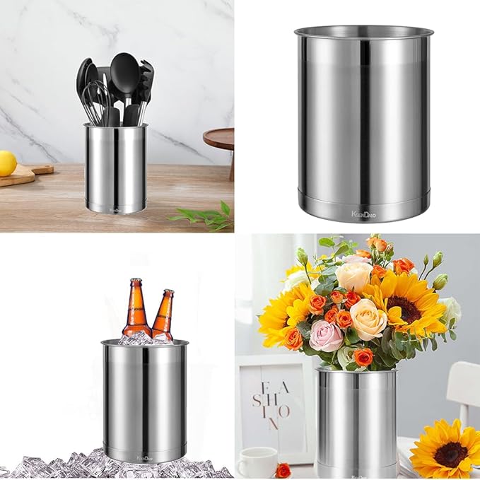 KSENDALO Stainless Steel Utensil Holder for Counter, Brushed Metal Utensil Crock Canister for Cooking Utensils on Countertop, with Heavy Base, Dishwasher Safe,Silver
