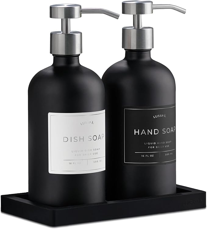 Glass Soap Dispenser Set of 2 (Black) with Silicone Tray | Hand and Dish Soap Dispenser for Kitchen and Bathroom | 16.8 Oz Glass Bottles with Stainless Steel Pump & 15 Waterproof Labels (Black/Silver)