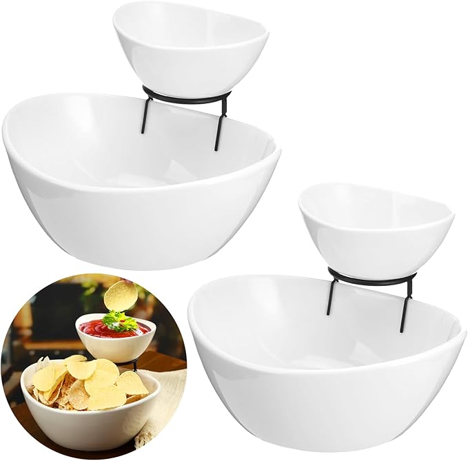 2 Set Chip and Dip Serving Set 2 Tier Chip and Dip Serving Dish Porcelain Appetizer Bowl and Platter with Stand for Food Taco Bar Salad Display Dessert Entertaining Party(Black,Classic Style)
