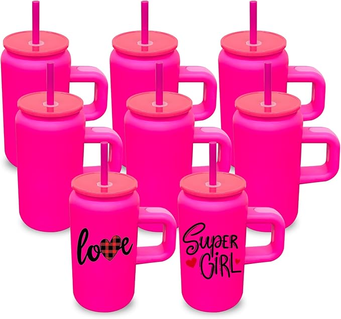 8 Pack 16 oz Sublimation Tumblers with Handle and Straw for Kids, Stainless Steel Sublimation Tumblers Bulk with Lids, Vacuum Insulated Iced Coffee Cups for DIY Craft Heat Press Print (Rosy,8 pack)