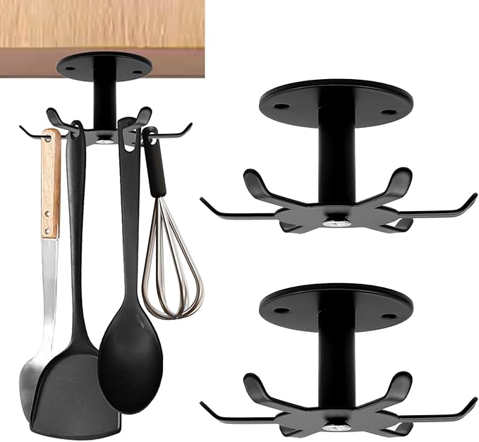 Zorfeter 2 PCS Under Cabinet Kitchen Utensil Hooks, Stainless Steel Utensil Racks 360°Rotating Drilling Free Adhesive Utensils Hanging Rack Holder, Black
