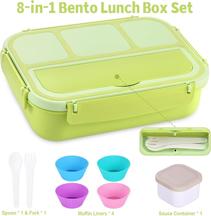 shell and turtle Bento Box Adult Lunch Box, Lunch Containers for Kids Girls Boys with 4 Compartments, Lunchable Food Container with Utensils, Sauce Jar, Muffin Liners, 40 Oz/5 Cup, Bright Green