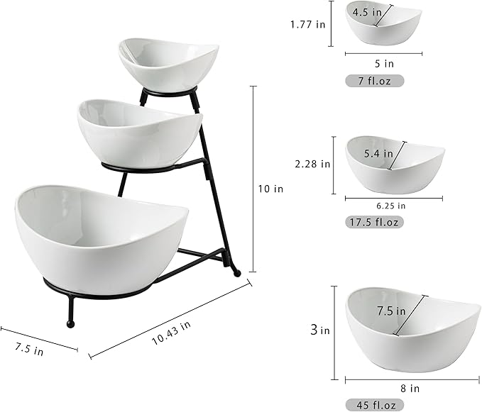 Gomakren 3 Tiered Oval Serving Bowl With Collapsible Metal Rack, Chip and Dip Serving Set, Dessert Appetizer, Candy, Fruit, Vegetable Bowl Set, Serving Bowls For Entertaining (Black Stand)