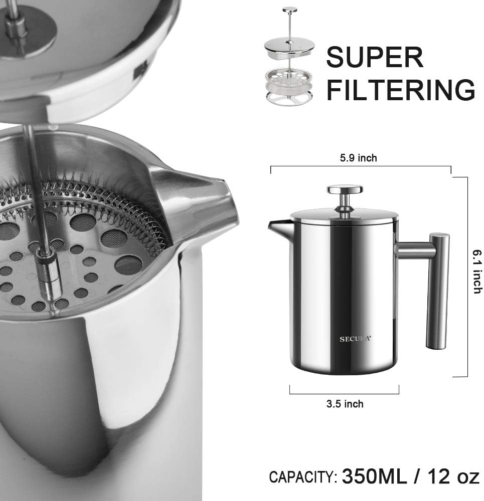 Secura French Press Coffee Maker, 304 Grade Stainless Steel Insulated Coffee Press with 2 Extra Screens, 12oz (0.35 Litre), Silver (SFP-12DS)