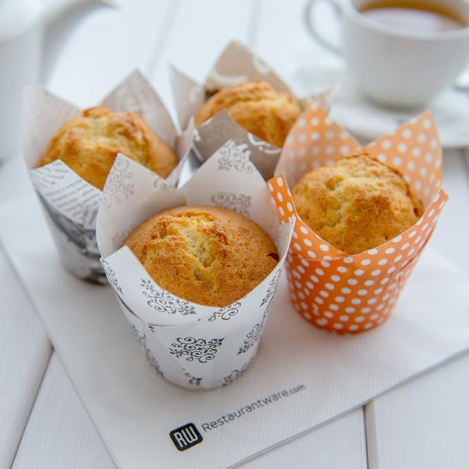 Restaurantware Panificio 1.7 Ounce Baking Cups 200 Tulip Cupcake Liners - Oven-Ready Freezable Black And White Paper Muffin Cases Disposable Vintage Floral For Wedding Parties Baby Showers