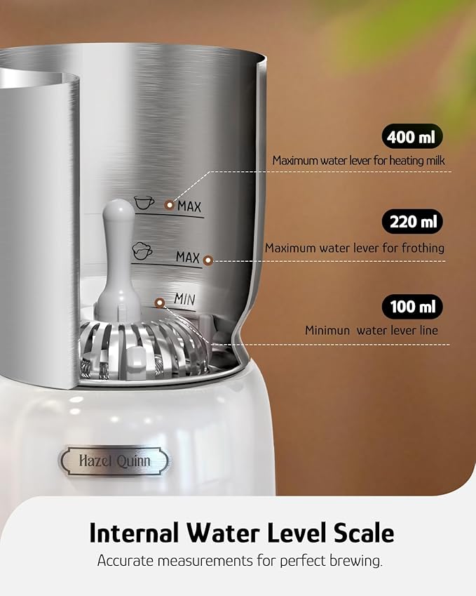 Hazel Quinn Milk Frother and Steamer, Variable Temp and Thickness, Detachable for Dishwasher Safe, 400ml / 13.5oz Milk Warm for Hot & Cold Latte, Cappuccino Hot Chocolate - Pearl White