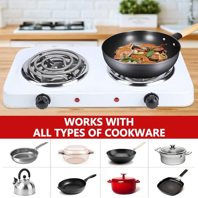 Electric Countertop Burner, Double Burner, 2000W Induction Cooktop, Portable Electric Hot Plate, 5 Level Adjustable Temperature Control Cooking Ranges for Home Dorm Camping Cooking(White Coil)