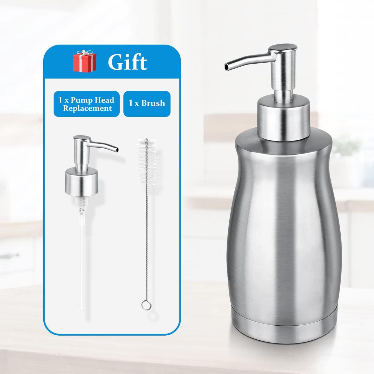 Soap Dispenser Stainless Steel - Brushed Nickel Pump Dispenser Bottle Refillable Liquid Hand Dish Soap Dispenser for Bathroom, Kitchen, Countertop, Silver (13.5 Oz / 400ML)