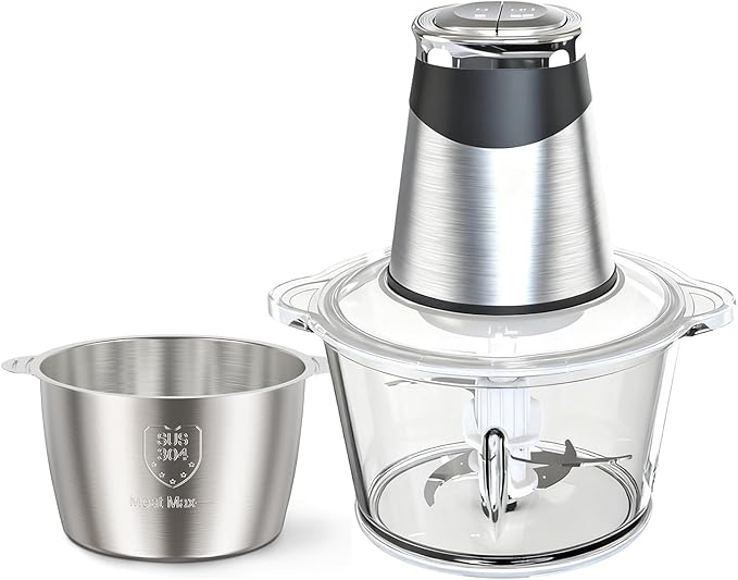 MEGAWISE Food Processor, 800W Electric Meat Grinder, 1.8L Stainless Steel Bowl & 1.8L Glass Bowl, Dual Speed Modes for Meat, Onion, Vegetables, Nuts, Fruits, Baby Food