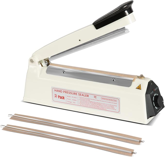 Impulse Heat Sealer with Hot Cutting Wire, Heavy-Duty Bag Sealing & Cutting Machine, 2 Extra Replacements (White, 8-Inch)