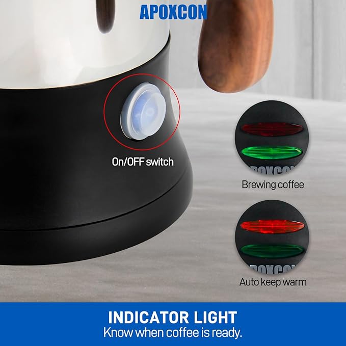 APOXCON Electric Coffee Percolator Stainless Steel Coffee Maker with Tough Glass Clear Brew Progress Knob & On/OFF Switch Keep Warm Cordless Serve for Home and Hotel Room Use Gift Box Packaging 6 Cup