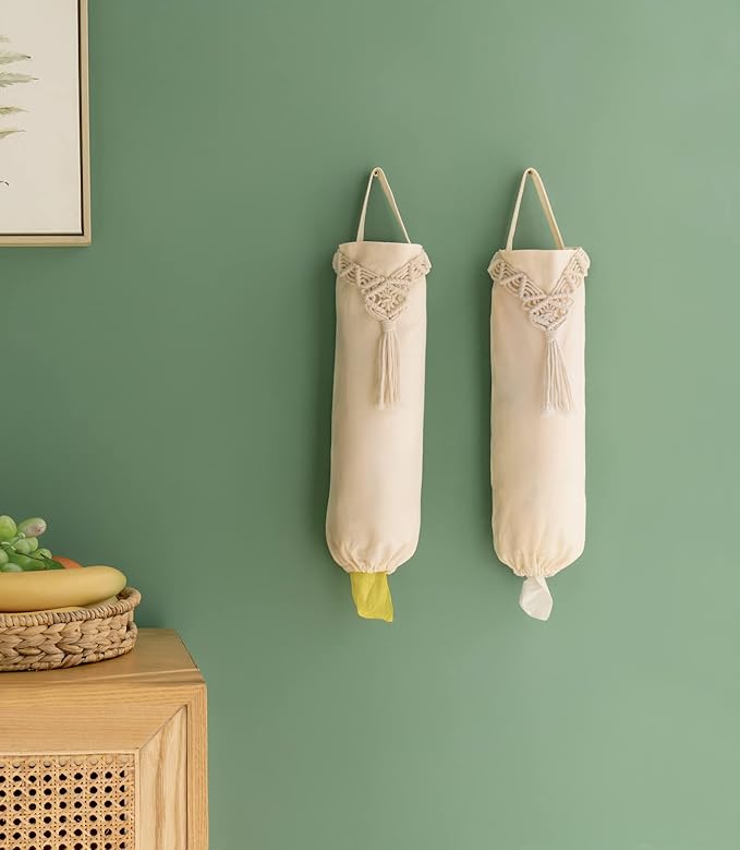 Mkono 2 Pack Macrame Plastic Bag Holder Grocery Organizer Shopping Trash Bag Dispenser Camper Boho Decor Storage for Kitchen Closet Pantry Laundry Room, Ivory, 6.3”W x 15.7”L