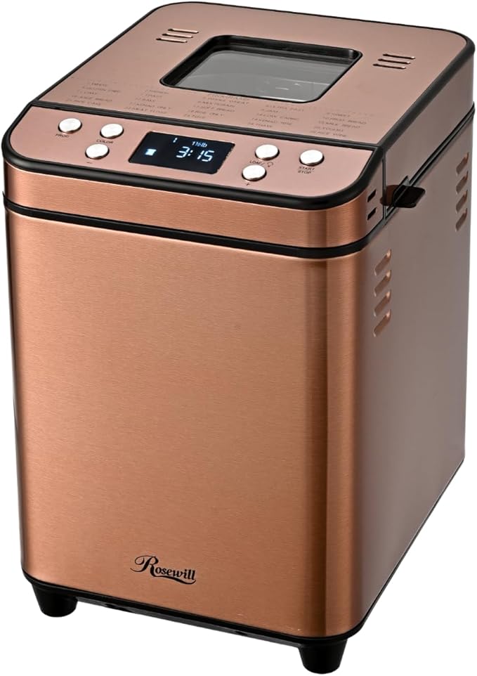 Rosewill 25-in-1 Automatic Bread Maker Machine with 3 Loaf Size up to 2 Lb, 700W High Power Dual Heater Bread Maker with BPA-free Nonstick Coating Pan, Max 15 Hours Delay Timer, Low Noise - Cinnamon