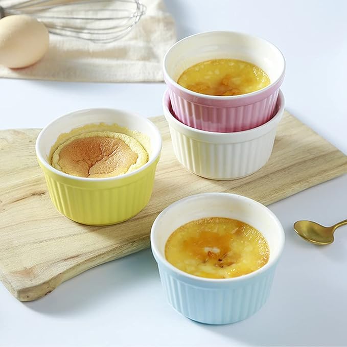 Ramekins 6oz Oven Safe,Creme Brulee Ramekin and Souffle Dishes,Porcelain Baking Bowls,Dipping Sauce Dish.Pudding Cups,Set of 6,Pink