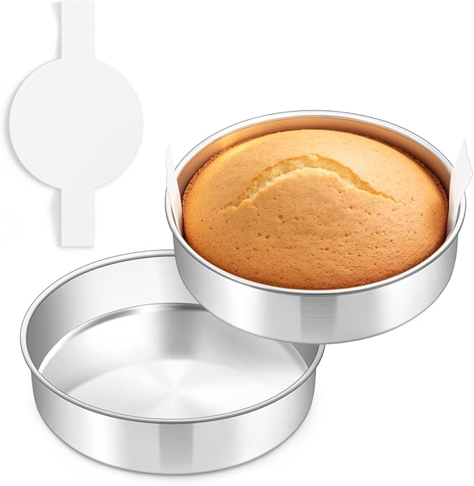 TeamFar 8 Inch Cake Pan Set of 2, Stainless Steel Layer Cake Baking Pans Tins with 90 Pcs Parchment Paper, Round Bakeware for Birthday Wedding, Non-Toxic & Healthy, Mirror Finish & Dishwasher Safe