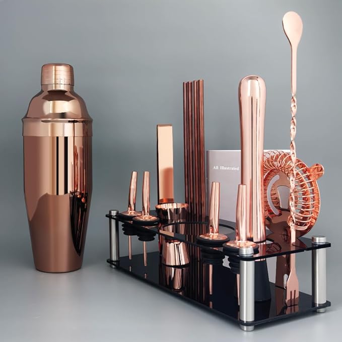 14-Piece Cocktail Shaker Set Bartender Kit with Black Stand, Bar Tool Set for Drink Mixing Bartending Kit Bar Sets Accessories: 750ml(25oz) Shaker, Jigger, Muddler, Cocktail Recipes (Rose Gold)