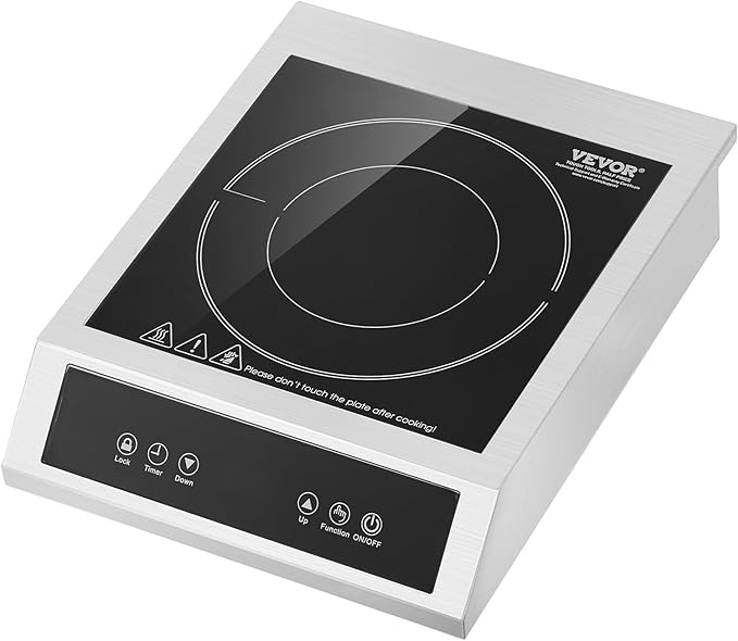 VEVOR Induction Cooktop, 3500W Commercial Induction Burner with 11-Level Temperature, Stainless Steel Countertop Induction Hot Plate with 3H Timer, Child Lock for Restaurant (6-15P Plug, 6-20R Outlet)