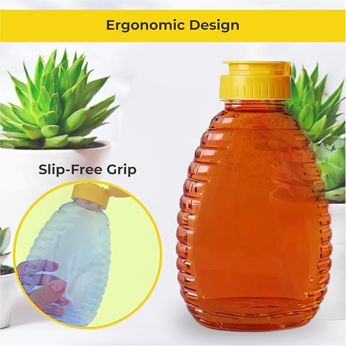 Skywin TidyFriend Honey Bottles 24 oz – 10 Pack Empty Honey Squeeze Bottle with Flip Lid & Seal, Clear Plastic Beehive Design, PET Containers