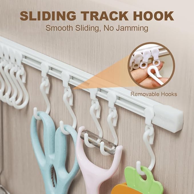 Multifunctional Slide Rail Hook,Kitchen Utensil Hanging Rack Wall Mounted Hanger,Space Saving Utensil Holder with 10 Hooks ,Sliding Track Hook No Drilling Hanger for Home Office (Length 40cm/1pcs)